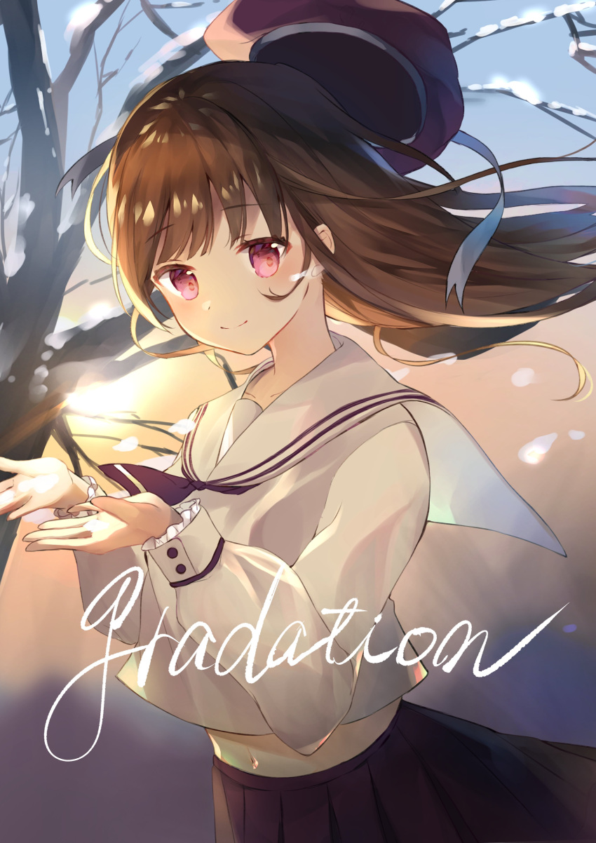 1girl absurdres blouse brown_hair closed_mouth comiket_99 floating_hair floating_hat frills hands_up hat highres looking_at_viewer original pink_eyes sailor_collar skirt smile snow solo sunlight upper_body yushima