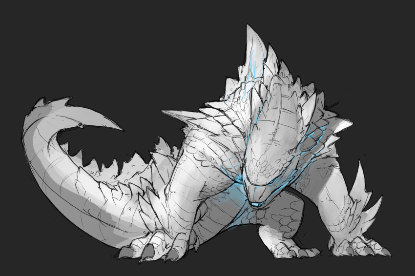 2021 all_fours ambiguous_gender capcom claws crossover digitigrade godzilla godzilla_(series) grey_background highres monster_hunter_(series) reptile scales simple_background solo unfinished white_scales xezeno