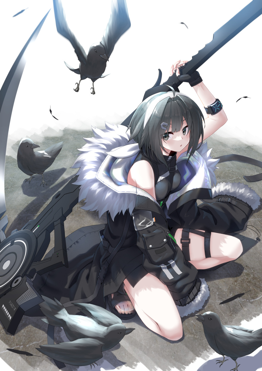 1girl ahoge animal arknights arm_up bangs bird black_feathers black_footwear black_gloves black_hair black_jacket commentary_request eyebrows_visible_through_hair feathers fingerless_gloves fur-trimmed_jacket fur-trimmed_sleeves fur_trim gloves grey_eyes hair_ornament hairband hairclip highres holding jacket la_pluma_(arknights) long_sleeves looking_at_viewer mizunashi_(second_run) off_shoulder one_knee open_clothes open_jacket parted_lips sandals sleeves_past_fingers sleeves_past_wrists solo white_hairband