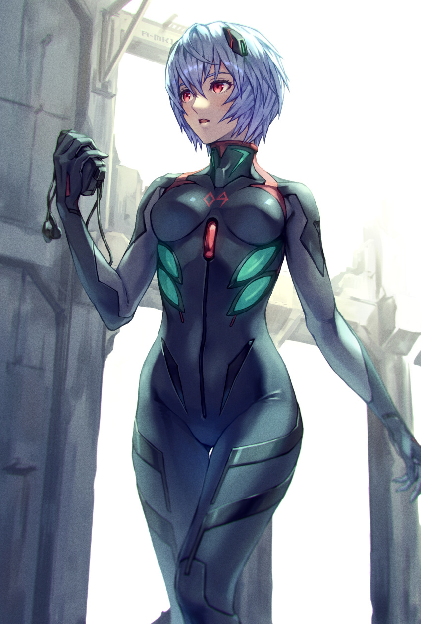1girl ayanami_rei black_bodysuit blue_hair blush bodysuit breasts commentary_request day earphones earphones evangelion:_3.0+1.0_thrice_upon_a_time hair_between_eyes hair_ornament hand_up headpiece highres holding medium_breasts neon_genesis_evangelion open_mouth outdoors plugsuit rebuild_of_evangelion red_eyes revision short_hair skin_tight solo standing tape_recorder teeth yoake_dawn01