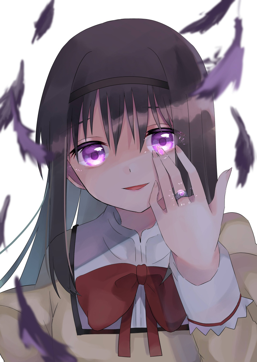 1girl absurdres akemi_homura black_feathers black_hair black_hairband bow commentary_request glowing glowing_eyes hairband highres jewelry long_hair long_sleeves looking_at_viewer mahou_shoujo_madoka_magica mahou_shoujo_madoka_magica_movie mitakihara_school_uniform parted_lips rairai_(light) red_bow ring school_uniform simple_background smile solo upper_body violet_eyes white_background