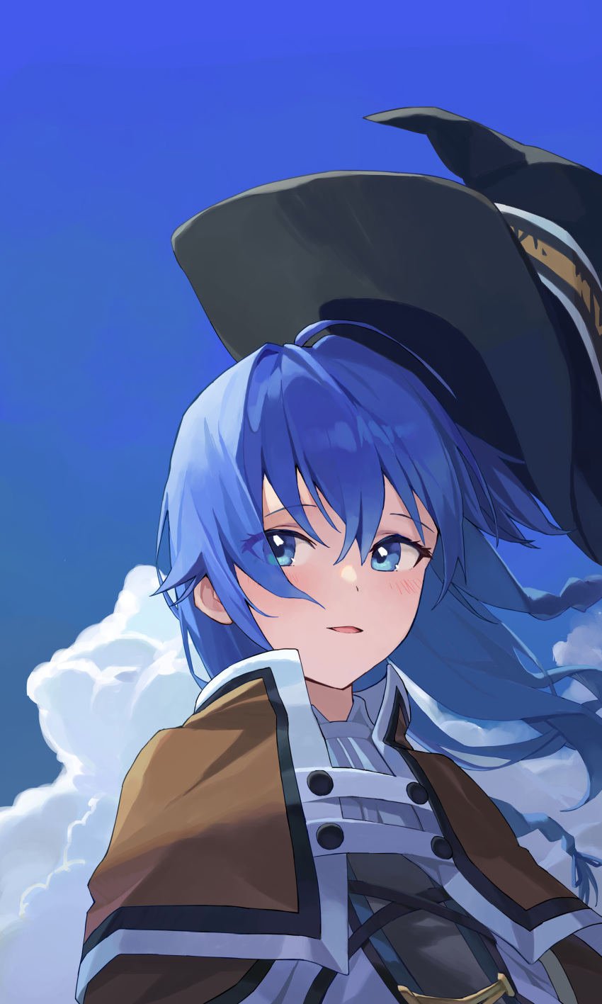 1girl absurdres ahoge bangs black_headwear blue_eyes blue_hair blue_sky brown_cape cape clouds eyebrows_visible_through_hair floating_hair hair_between_eyes hat highres long_hair looking_at_viewer mushoku_tensei open_mouth roxy_migurdia sky solo starshell upper_body witch_hat