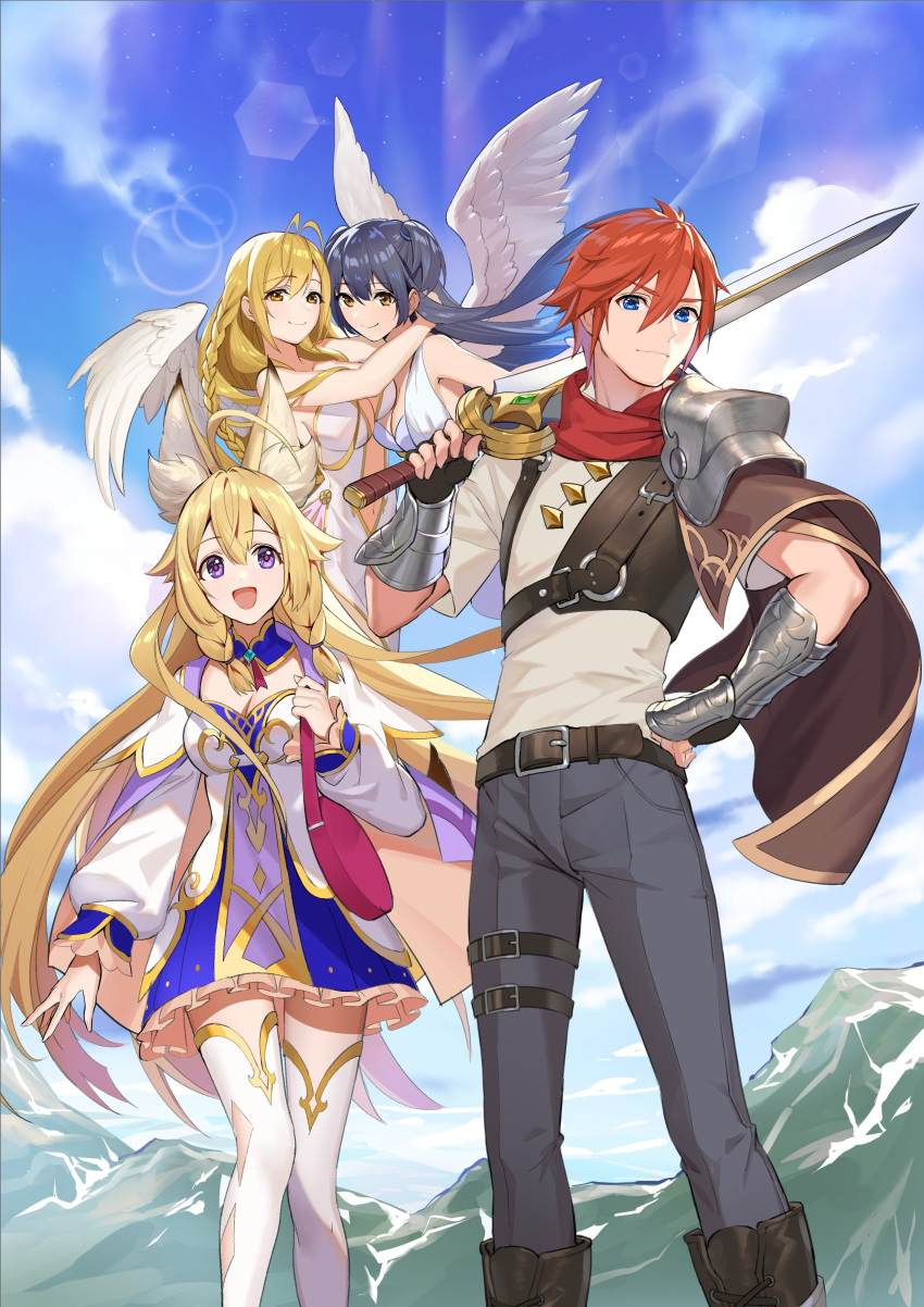 1boy 3girls absurdres animal_ears armor bangs belt blonde_hair blue_eyes bracer character_request closed_mouth copyright_request dark_blue_hair dress eyebrows_visible_through_hair feathered_wings highres holding holding_weapon hug multiple_girls open_mouth over_shoulder pants pauldrons redhead shoulder_armor sidelocks single_pauldron sky smile standing sword teffish thigh-highs violet_eyes weapon weapon_over_shoulder wings yellow_eyes