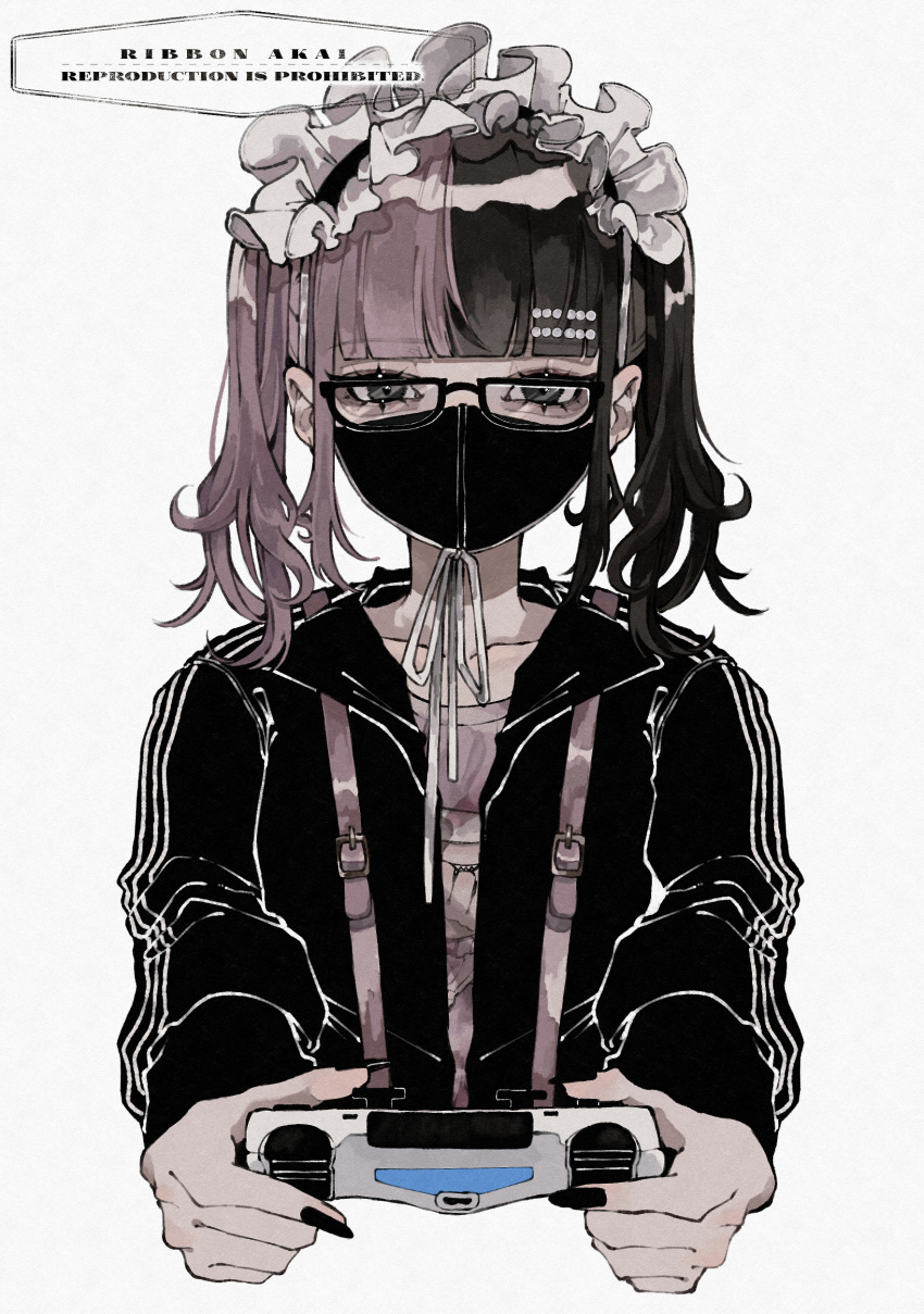 1girl absurdres artist_name bangs black_hair black_mask black_nails black_shirt brown_hair commentary_request controller fingernails game_controller glasses grey_eyes highres holding holding_controller holding_game_controller long_fingernails looking_at_viewer maid_headdress mask medium_hair mouth_mask multicolored_hair original ribbon_akai shirt simple_background solo suspenders twintails two-tone_hair upper_body white_background