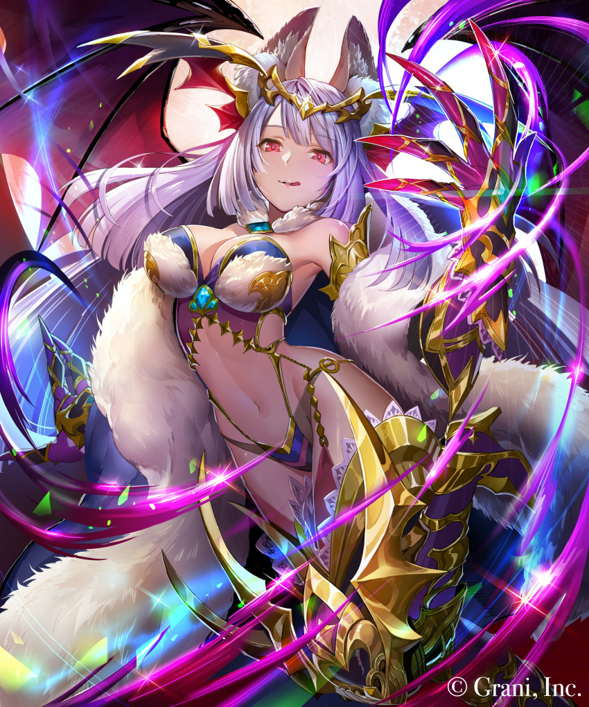 1girl absurdres animal_ears bangs bat_wings breasts character_request clawed_gauntlets company_name copyright copyright_request fur_trim hand_up headgear highres long_hair medium_breasts navel official_art pink_eyes revealing_clothes solo teffish violet_eyes wings