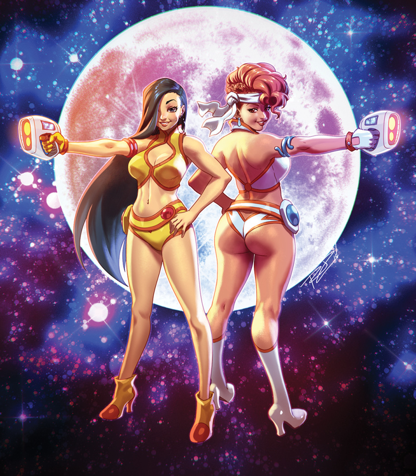 2girls ankle_boots ass back back-to-back bare_legs blue_hair boots breasts cleavage_cutout clothing_cutout commentary_request curvy dirty_pair earrings energy_gun full_moon gloves gun hair_over_one_eye halter_top halterneck hand_on_hip handgun headband high_heel_boots high_heels highres hoop_earrings jewelry kei_(dirty_pair) knee_boots large_breasts lips long_hair midriff moon multiple_girls navel pistol pompadour ray_gun redhead revision robaato short_hair single_glove smile thighs very_long_hair weapon white_gloves yuri_(dirty_pair)