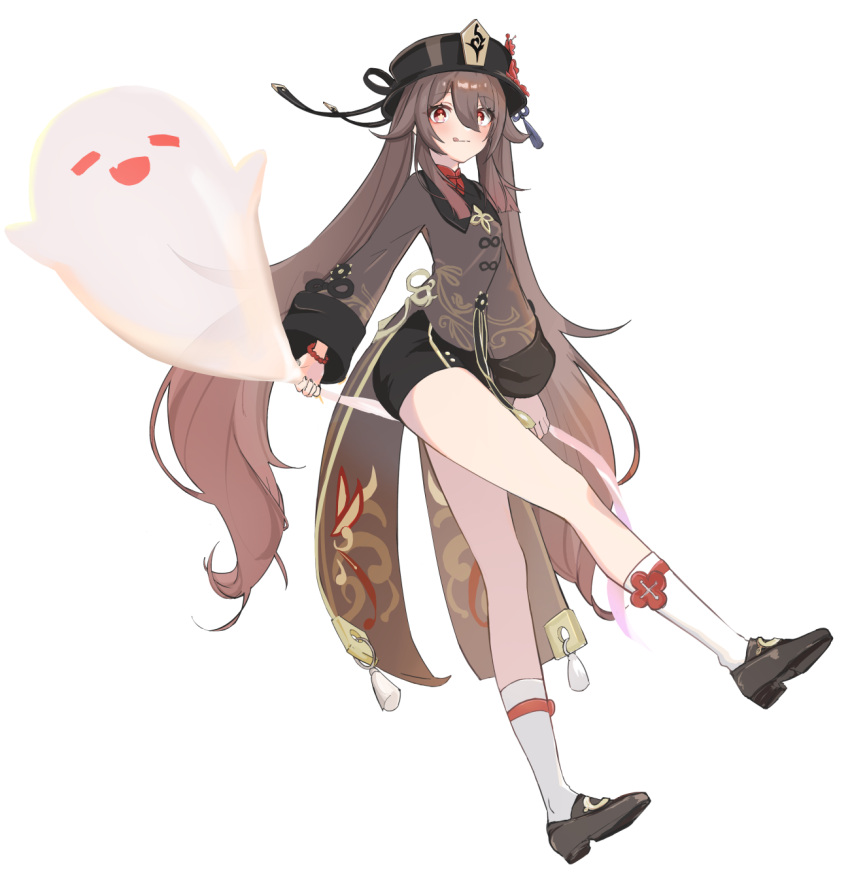 1girl arin_(1010_ssu) bangs black_footwear black_shorts brown_hair brown_headwear brown_shirt chinese_clothes closed_mouth full_body genshin_impact ghost highres hu_tao_(genshin_impact) long_hair long_sleeves looking_at_viewer red_eyes shirt shorts simple_background solo tongue tongue_out twintails white_background white_legwear