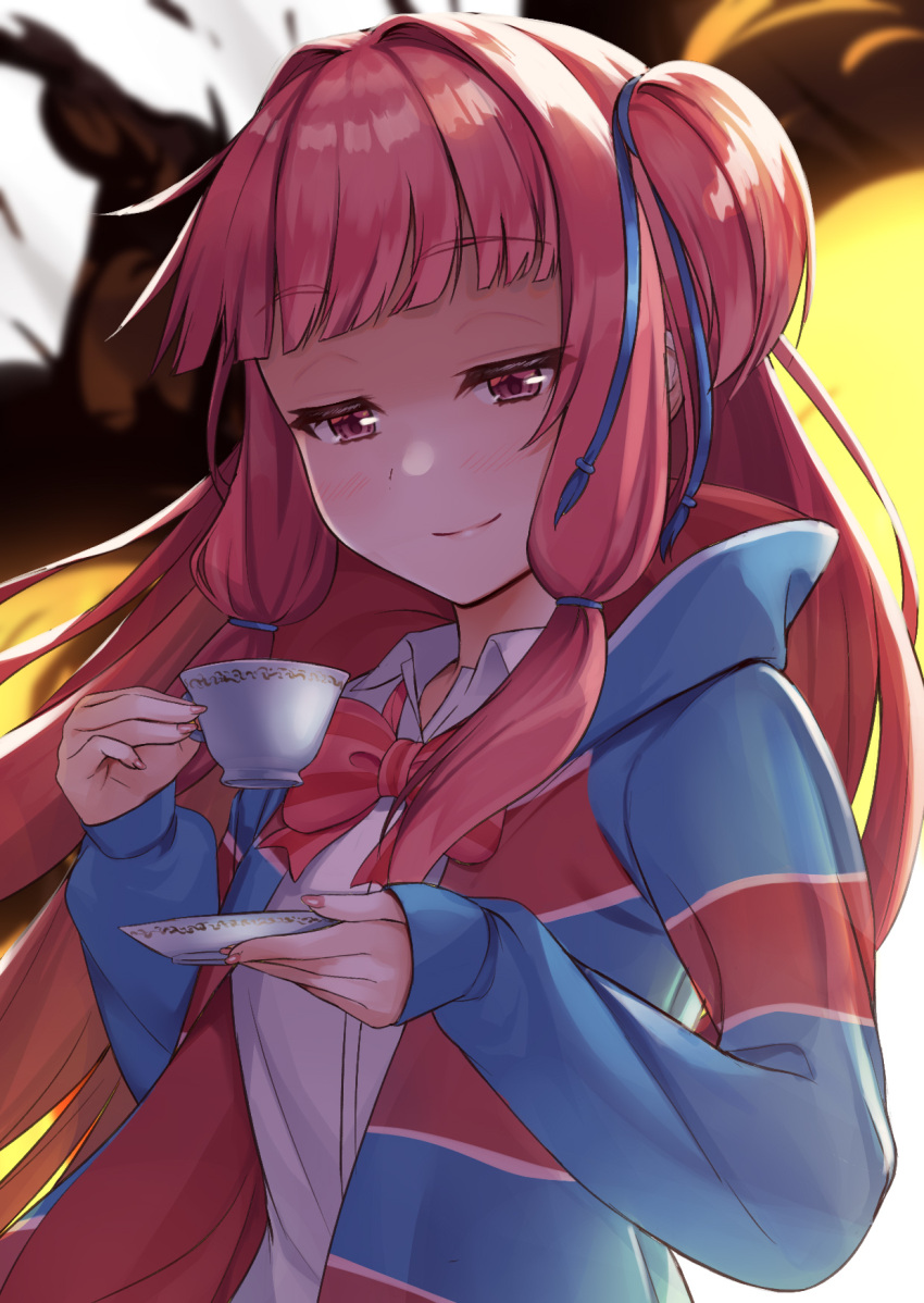 1girl bangs blunt_bangs bow bowtie cup eyebrows_visible_through_hair half-closed_eyes highres holding holding_cup holding_plate kotonoha_akane long_hair looking_at_viewer pink_hair plate red_bow red_bowtie red_eyes solo teacup tenneko_yuuri voiceroid