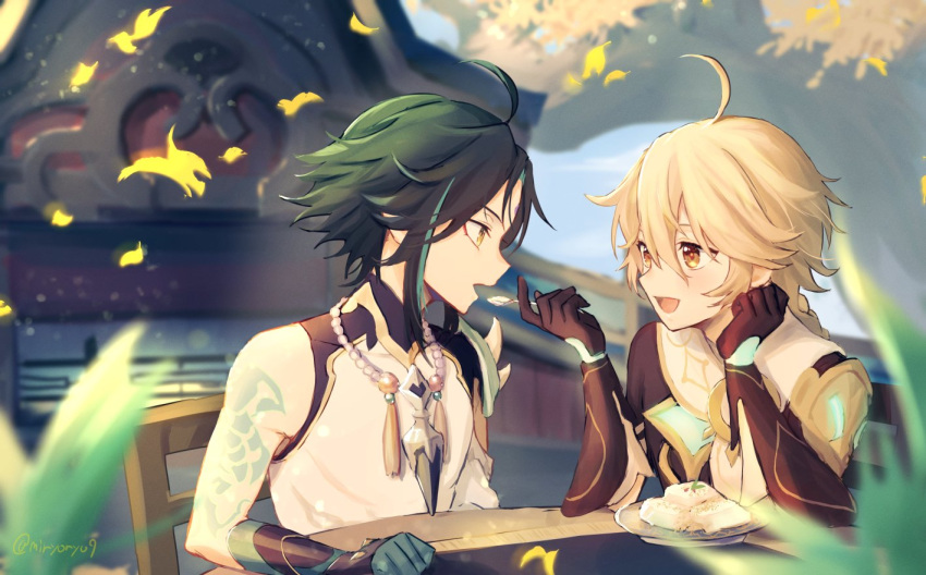 2boys aether_(genshin_impact) ahoge arm_tattoo bangs bead_necklace beads black_hair blonde_hair blush braid breasts closed_eyes earrings eating eyebrows_visible_through_hair flower food genshin_impact gloves green_hair hair_between_eyes hair_ornament holding jewelry long_hair long_sleeves male_focus miryoryo9 multicolored_hair multiple_boys necklace open_mouth scarf simple_background single_braid smile tattoo tofu xiao_(genshin_impact) yaoi yellow_eyes
