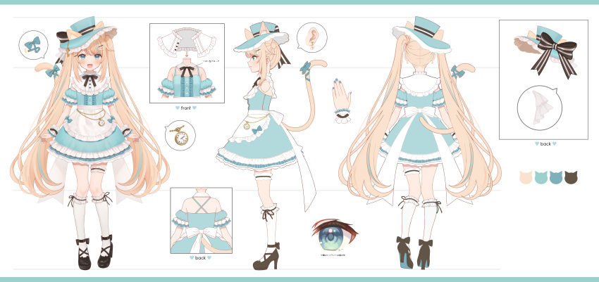 1girl :d absurdres animal_ear_fluff animal_ears black_bow black_footwear blue_bow blue_dress blue_hair blue_headwear blue_nails blue_sleeves blush bow cat_ears cat_girl cat_tail center_frills closed_mouth commentary_request dress ears_through_headwear english_text fang frilled_legwear frills hair_ornament hairclip hat hat_bow high_heels highres kneehighs kurono_kito light_brown_hair long_hair looking_at_viewer multicolored_hair multiple_views nail_polish pocket_watch profile puffy_short_sleeves puffy_sleeves shoes short_sleeves sleeveless sleeveless_dress smile streaked_hair striped striped_bow tail tail_bow tail_ornament tail_raised tilted_headwear translation_request twintails very_long_hair virtual_youtuber watch white_background white_legwear wrist_cuffs