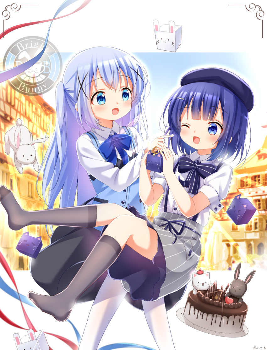 2girls bangs blue_eyes blue_hair blush eyebrows_visible_through_hair fuiba_fuyu gochuumon_wa_usagi_desu_ka? hair_ornament hairclip highres kafuu_chino long_hair looking_at_viewer multiple_girls one_eye_closed painter-lhb rabbit_house_uniform x_hair_ornament