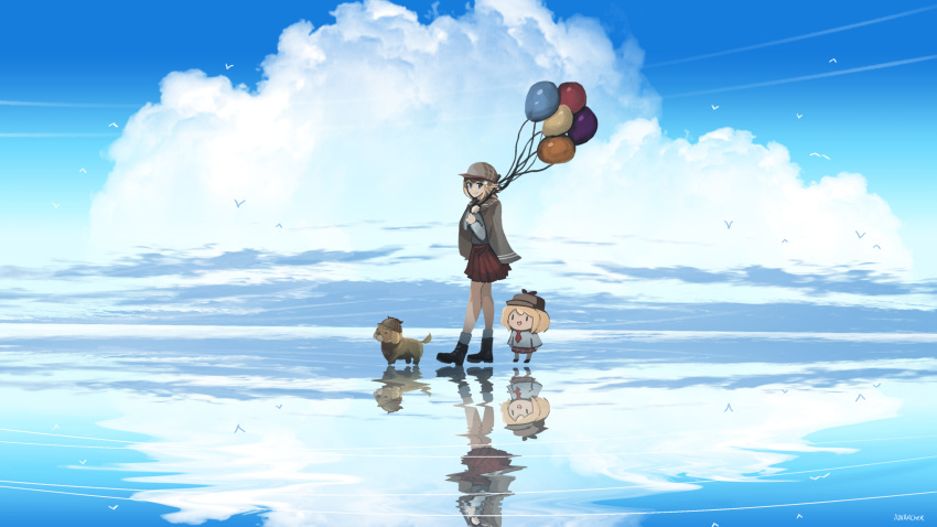 2girls :d anonamos balloon bird black_footwear blue_eyes blue_sky blue_theme boots brown_skirt bubba_(watson_amelia) cape clip_studio_paint_(medium) clouds commentary_request deerstalker dog from_side full_body hat highres holding holding_balloon hololive hololive_english making-of_available multiple_girls outdoors pleated_skirt reflection ripples shirt skirt sky smile smol_ame virtual_youtuber water watson_amelia white_shirt