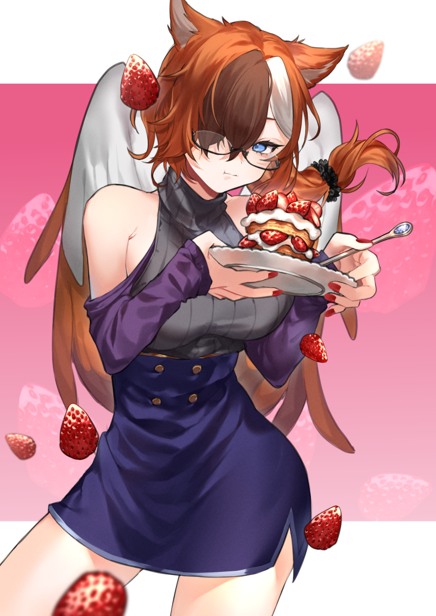 1girl absurdres animal_ears asymmetrical_hair bare_shoulders black_sweater blue_eyes blue_skirt brown_hair buttons cake closed_mouth commentary commission commissioner_upload cowboy_shot estelle_(cieluscian) feathered_wings food fruit glasses hair_over_one_eye high-waist_skirt highres holding holding_plate long_hair long_sleeves low-tied_long_hair makita_(vector1525) multicolored_hair one_eye_covered orange_hair original pink_background plate purple_shirt red_nails semi-rimless_eyewear shirt skeb_commission skirt sleeveless sleeveless_sweater solo strawberry strawberry_shortcake streaked_hair sweater turtleneck turtleneck_sweater under-rim_eyewear white_hair wings