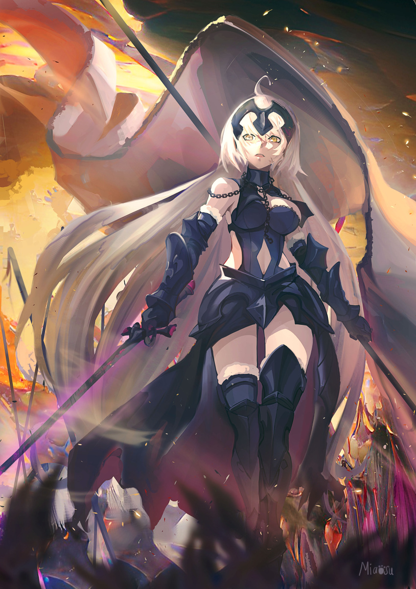 1girl absurdres ahoge armor armored_boots armored_dress bangs banner black_dress black_footwear blurry blurry_foreground boots breasts chain dress fate/grand_order fate_(series) faulds floating_hair fur_boots gauntlets hair_between_eyes headpiece highres holding holding_sword holding_weapon jeanne_d'arc_(alter)_(fate) jeanne_d'arc_(fate) long_hair looking_at_viewer medium_breasts miaosu open_mouth signature silver_hair solo standing sword thigh-highs thigh_boots very_long_hair weapon yellow_eyes