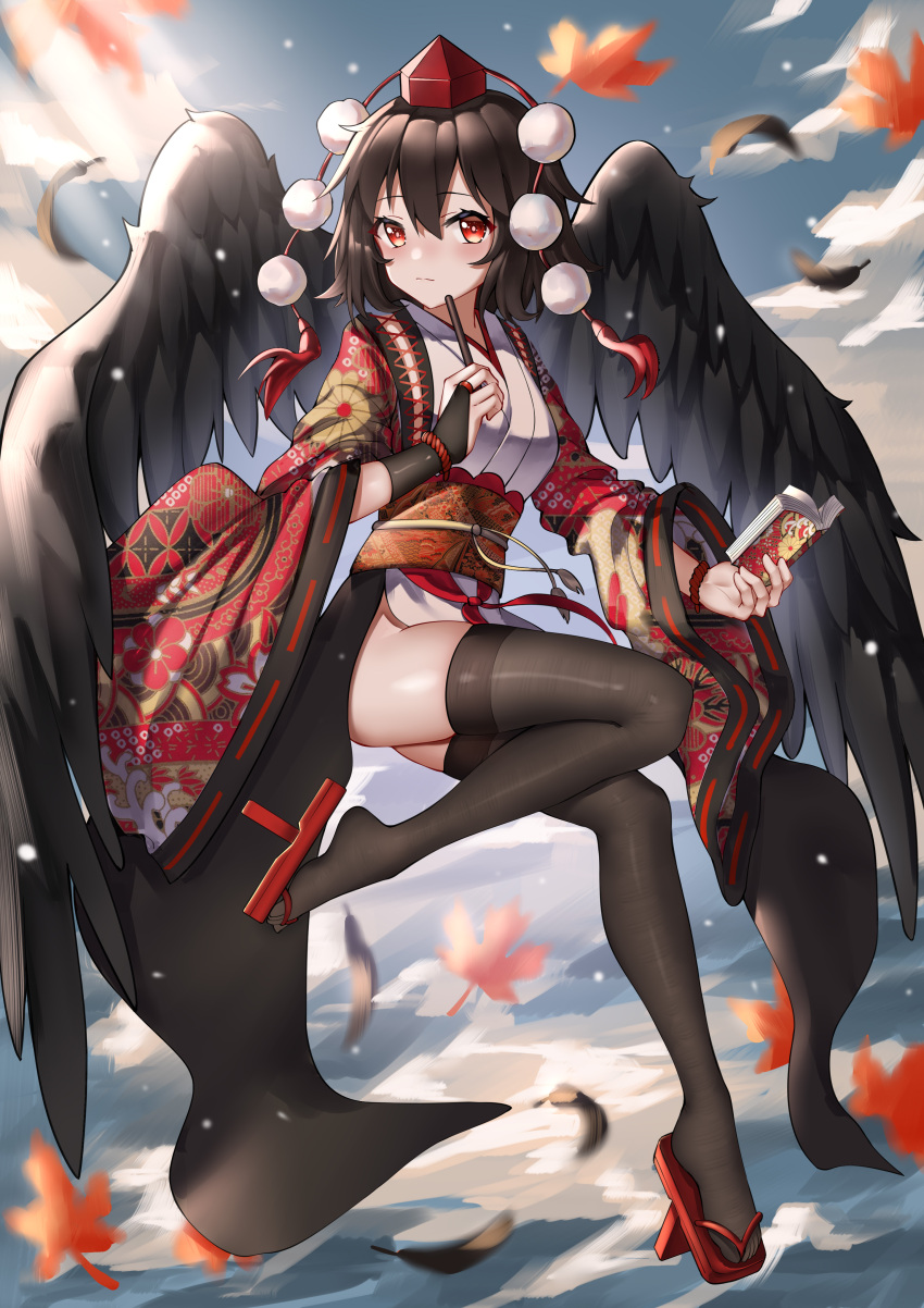 1girl absurdres ailu_elf black_hair black_wings blue_sky book calligraphy_brush fingerless_gloves floating geta gloves hat highres japanese_clothes kimono notebook obi paintbrush pelvic_curtain red_eyes red_footwear sash shameimaru_aya sky solo tengu-geta thigh-highs tokin_hat touhou wide_sleeves wings