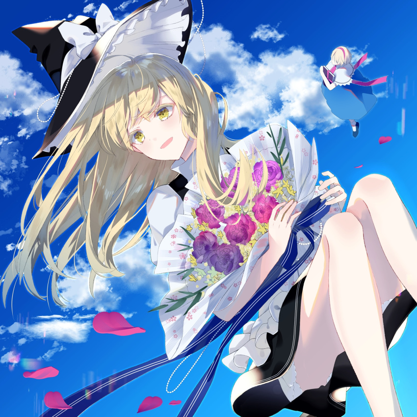 2girls alice_margatroid bangs black_headwear black_vest blonde_hair bloomers blue_sky blush book book_hug bouquet bow capelet chokie clouds day eyelashes grimoire_of_alice hairband hat hat_bow hat_ribbon highres holding holding_book holding_bouquet kirisame_marisa long_hair looking_at_viewer multiple_girls object_hug open_mouth petals red_hairband ribbon rose_petals shiny shiny_hair shirt short_hair sidelocks sky symbol-only_commentary touhou underwear vest white_bow white_capelet white_ribbon white_shirt witch_hat yellow_eyes