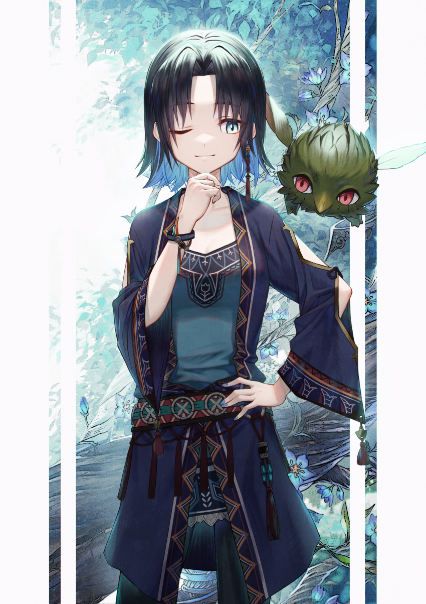 1girl absurdres bangs black_hair blue_nails breasts flower grey_eyes hand_on_hip hand_up highres looking_at_animal one_eye_closed original parted_bangs red_eyes sho_(sumika) small_breasts solo standing wristband