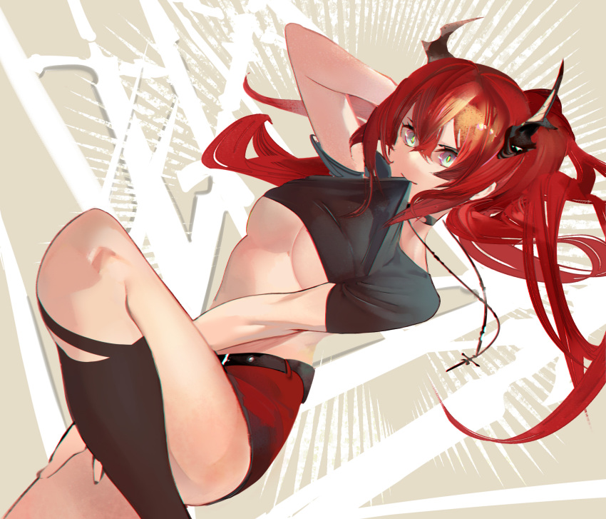 1girl arknights arm_up bangs black_choker black_legwear blue_eyes breasts choker commentary_request crop_top cross cross_necklace ghooost hair_between_eyes highres horns jewelry long_hair looking_at_viewer medium_breasts midriff miniskirt mouth_hold necklace red_skirt redhead short_sleeves skirt solo surtr_(arknights) surtr_(liberte_echec)_(arknights) under_boob