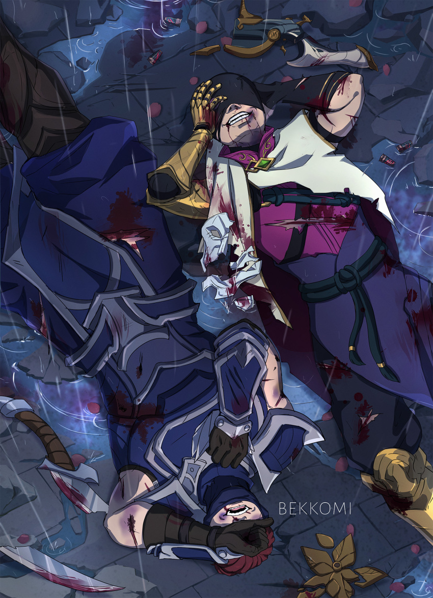 2boys armor bekkomi black_gloves black_pants blood blood_from_mouth broken_mask brown_gloves brown_hair brown_pants cape covered_eyes from_above gauntlets gloves gold_armor grin gun hands_up highres injury jhin league_of_legends lying male_focus mask multiple_boys on_back open_mouth outdoors pants rain shen_(league_of_legends) shirt short_hair smile teeth torn_clothes torn_gloves torn_shirt weapon white_cape