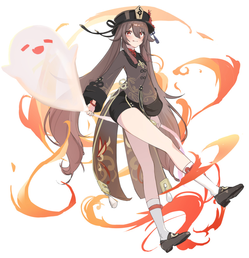 1girl arin_(1010_ssu) bangs black_footwear black_shorts brown_hair brown_headwear brown_shirt chinese_clothes closed_mouth fire full_body genshin_impact ghost highres hu_tao_(genshin_impact) long_hair long_sleeves looking_at_viewer red_eyes shirt shorts simple_background solo tongue tongue_out twintails white_background white_legwear