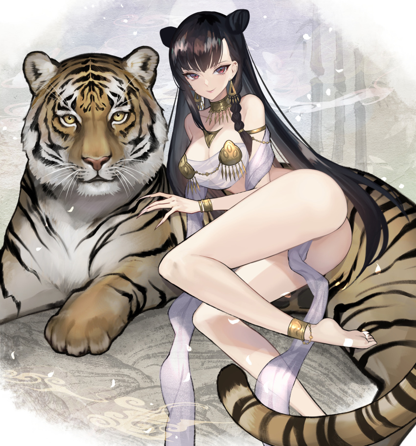 1girl bangs black_hair breasts closed_mouth earrings hair_cones highres hitowa jewelry long_hair looking_at_viewer lying medium_breasts on_side original red_eyes redrawn revealing_clothes sidelocks smile solo tiger