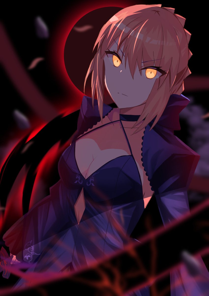 1girl absurdres artoria_pendragon_(all) black_footwear black_skirt blonde_hair breasts cleavage clouds cloudy_sky dark_excalibur excalibur_morgan_(fate) eyebrows_visible_through_hair fate/grand_order fate/stay_night fate_(series) formal full_body high_heels highres long_skirt long_sleeves medium_breasts outdoors outstretched_arm saber_alter shrug_(clothing) sideboob skirt skirt_suit sky solo standing suit sword tied_hair weapon yellow_eyes zacky_orange04