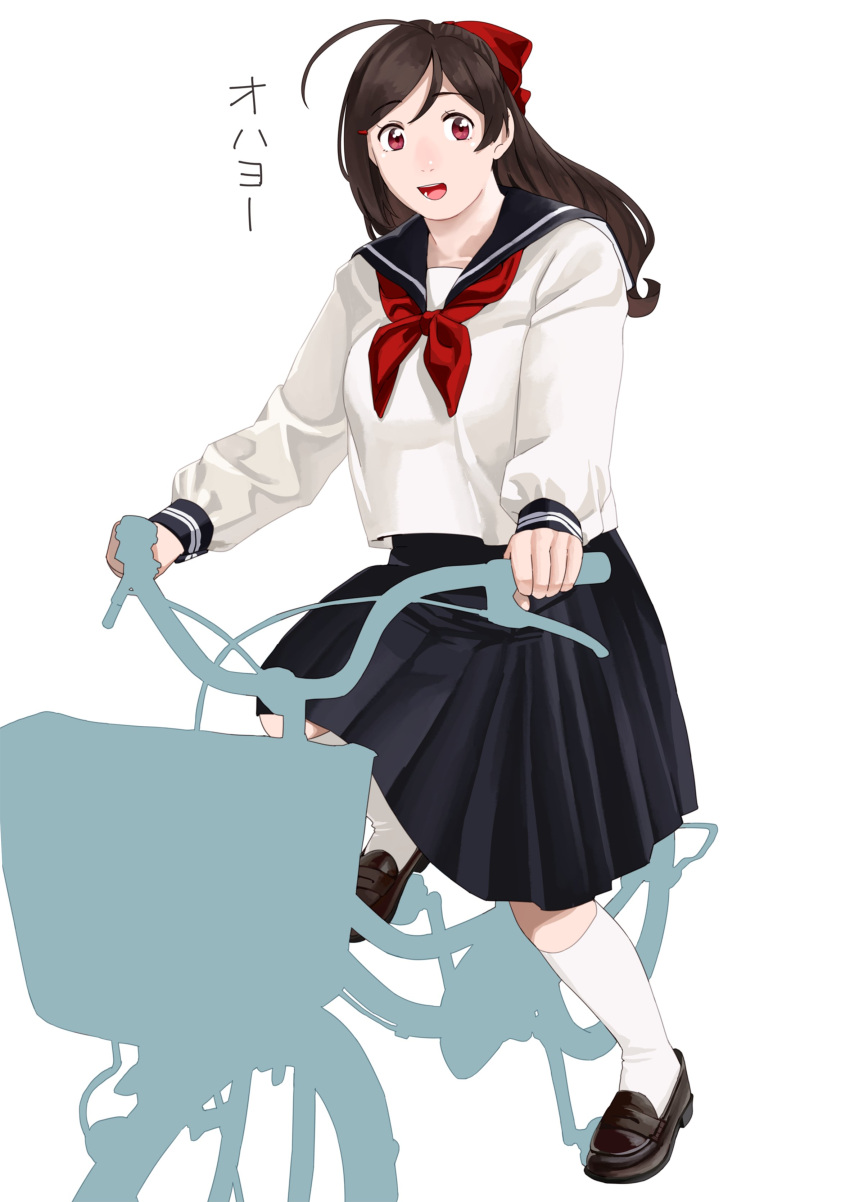1girl absurdres alternate_costume bicycle bicycle_basket black_sailor_collar black_skirt brown_footwear brown_hair full_body ground_vehicle hair_ornament hair_ribbon hairclip highres kantai_collection kneehighs loafers long_hair mamiya_(kancolle) neckerchief ojipon pleated_skirt red_eyes red_neckerchief ribbon riding riding_bicycle sailor_collar school_uniform serafuku shoes silhouette simple_background skirt solo symbol-only_commentary white_background white_legwear