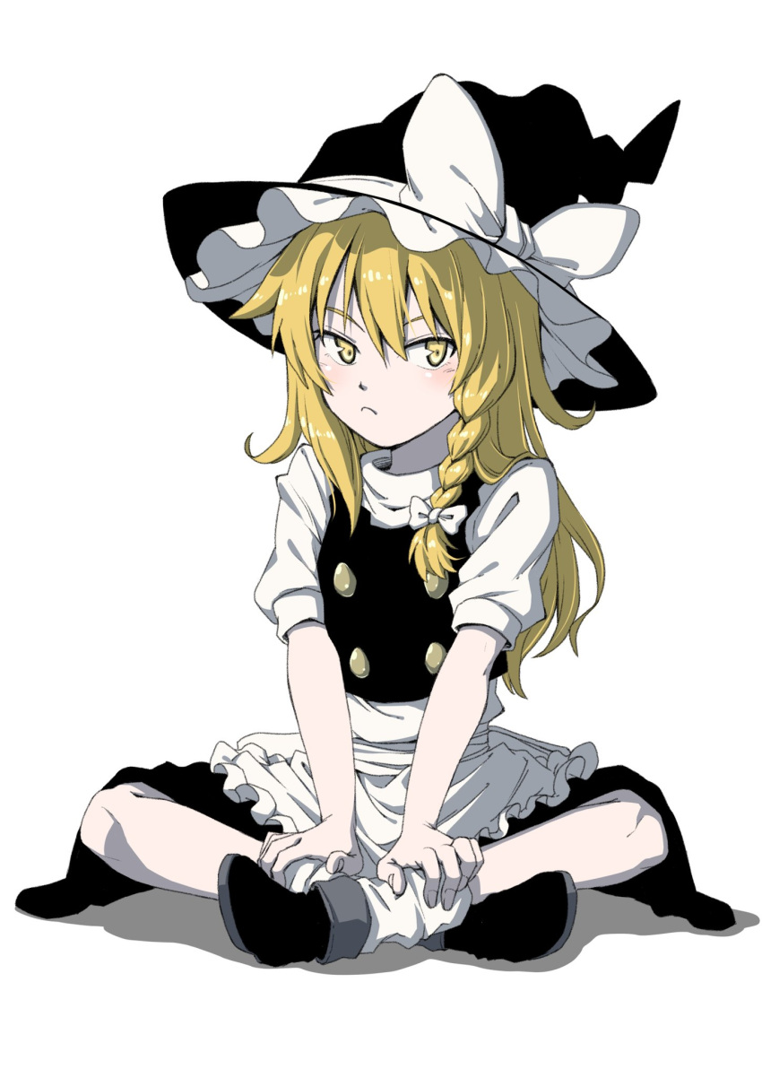 apron black_dress black_footwear blonde_hair blush bow braid buttons crossed_legs dress eyebrows_behind_hair frilled_dress frills hat hat_bow highres inuno_rakugaki kirisame_marisa pout puffy_sleeves shoes short_sleeves side_braid single_braid sitting socks touhou waist_apron white_legwear witch_hat