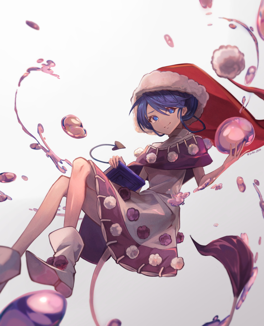 1girl absurdres antinomy_of_common_flowers bangs blob blue_eyes blue_hair book boots closed_mouth crossed_legs doremy_sweet dress full_body grey_background highres holding holding_book juse_(simasmasi) looking_at_viewer medium_hair purple_dress shoe_soles smile solo touhou white_footwear