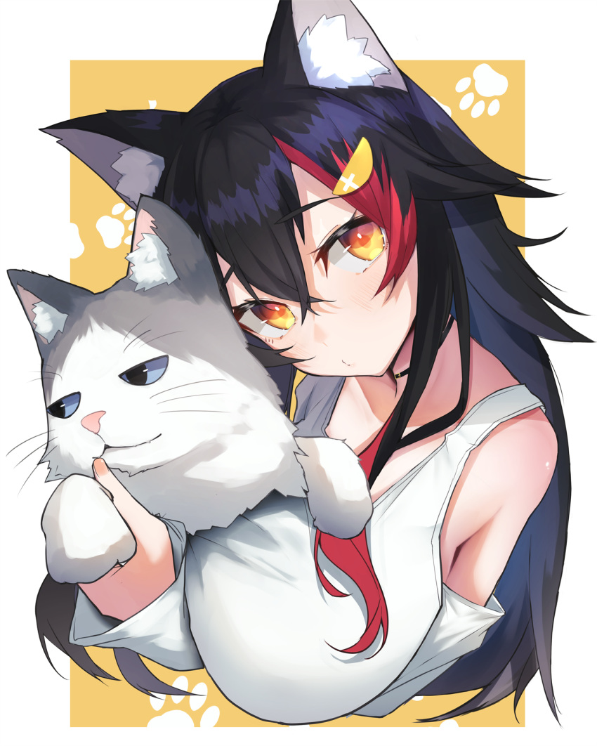 1girl animal_ear_fluff animal_ears bangs black_hair breasts card cat cropped_torso detached_sleeves eyebrows_visible_through_hair hair_between_eyes hair_ornament hairclip highres holding holding_card hololive huge_breasts long_hair long_sleeves looking_at_viewer multicolored_hair nidaime_(doronbo) ookami_mio redhead shirt simple_background sleeveless sleeveless_shirt solo streaked_hair taiga_(ookami_mio) upper_body white_shirt wolf_ears yellow_eyes