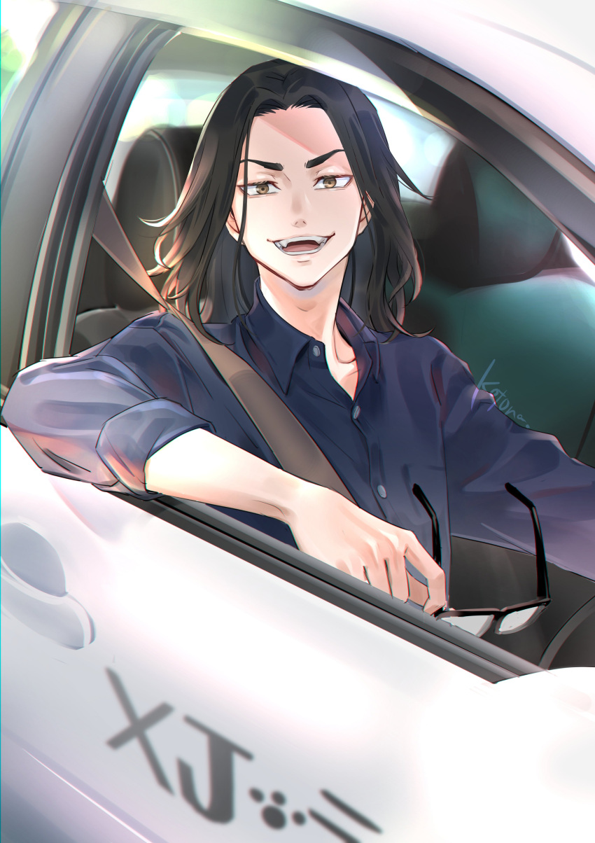 1boy absurdres baji_keisuke black_hair blue_shirt brown_eyes car collared_shirt cst dress_shirt glasses ground_vehicle highres holding holding_eyewear long_hair looking_at_viewer male_focus motor_vehicle open_mouth shirt sleeves_rolled_up smile solo tokyo_revengers upper_body