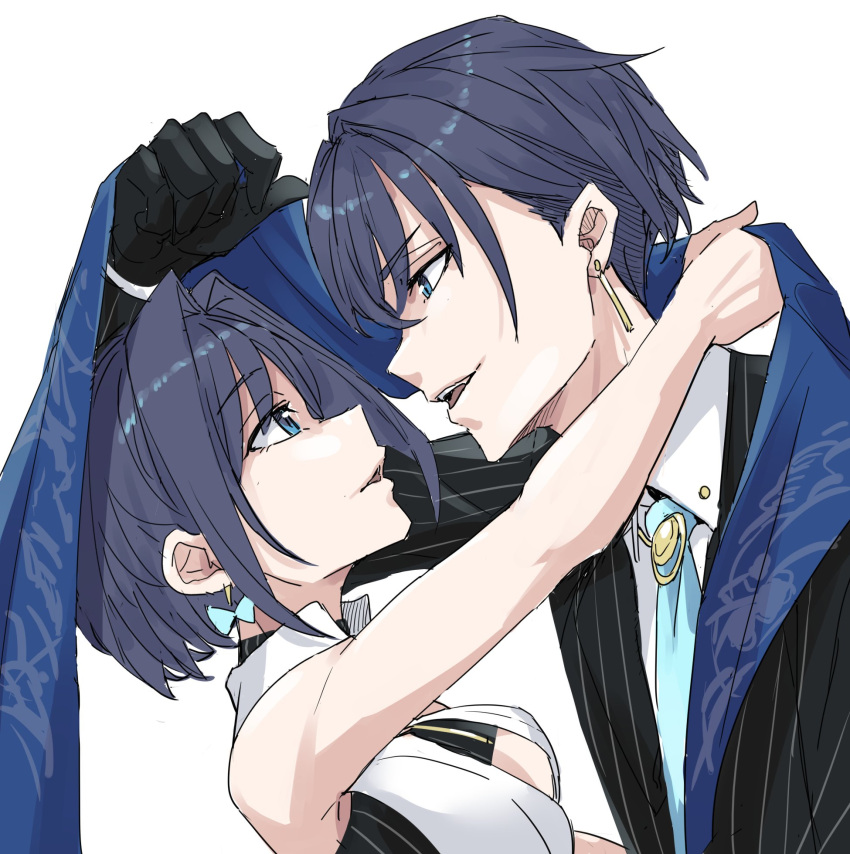 1boy 1girl aqua_necktie bangs bidortw blue_eyes blue_hair commentary earrings english_commentary eyebrows_visible_through_hair formal genderswap genderswap_(ftm) highres hololive hololive_english jewelry looking_at_another necktie ouro_kronii ouro_krono short_hair speech_bubble suit virtual_youtuber wing_collar
