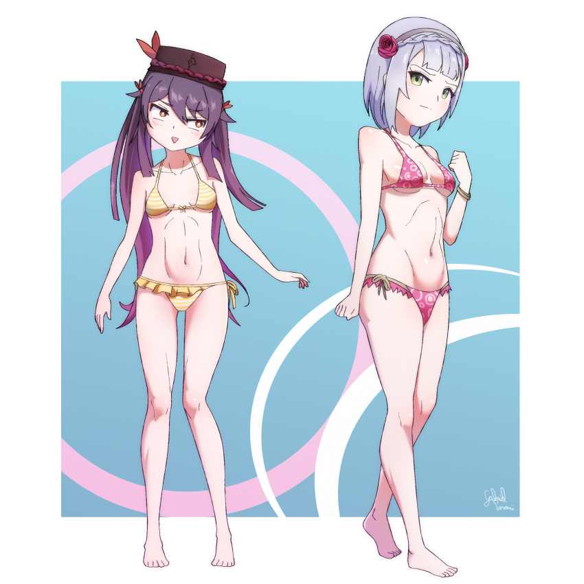 2girls absurdres bare_legs barefoot bikini breasts embarrassed full_body gabriel_pavani genshin_impact highres hu_tao_(genshin_impact) multiple_girls navel noelle_(genshin_impact) panties short_hair signature standing swimsuit thick_thighs thighs underwear