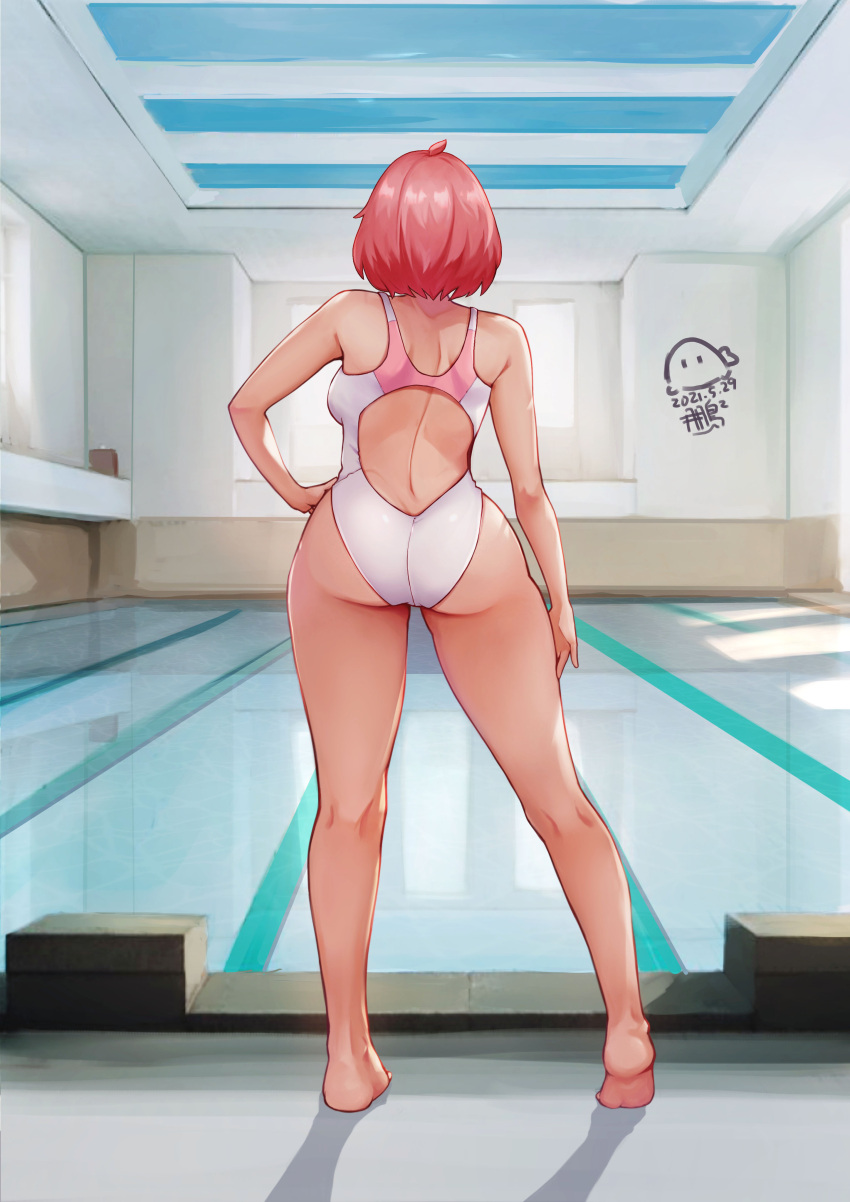 1girl absurdres ahoge arm_at_side artist_logo ass backless_swimsuit bare_arms bare_legs barefoot dated from_behind hand_on_hip heel_up highleg highleg_swimsuit highres indoors kneepits one-piece_swimsuit original peng_peng pink_hair pool poolside short_hair solo standing swimsuit thighs water white_swimsuit