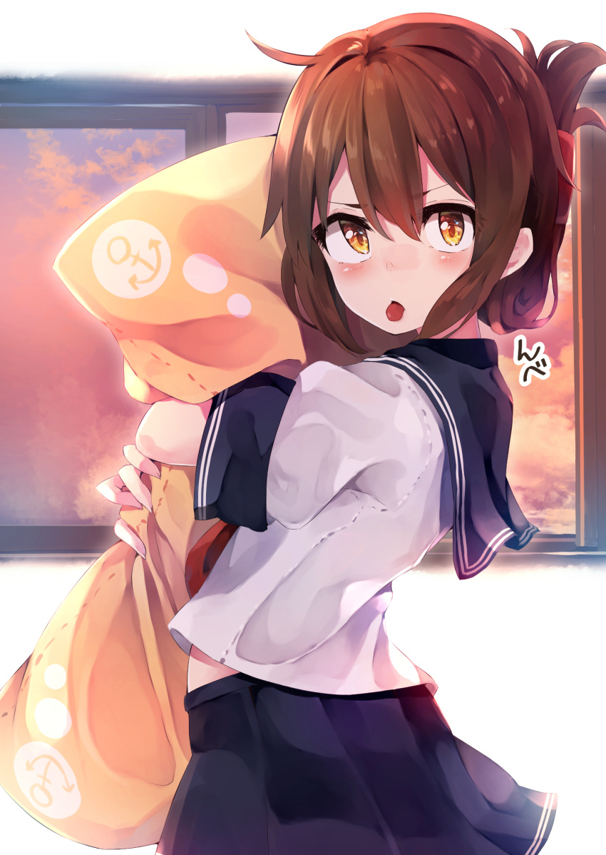 1girl angry bangs blue_skirt blush brown_eyes brown_hair commentary cowboy_shot dress_shirt folded_ponytail hair_between_eyes hair_tie hair_up highres inazuma_(kancolle) indoors kantai_collection long_hair midriff_peek object_hug orange_sky pillow pillow_hug pleated_skirt school_uniform serafuku shirt skirt sky solo sunset taisho_(gumiyuki) tongue tongue_out translated v-shaped_eyebrows walking white_shirt window