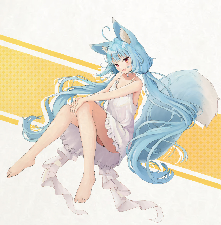 absurdres ahoge animal_ear_fluff animal_ears bangs barefoot blue_hair blush cumianjun dress fang feet fox_ears fox_girl fox_tail frilled_dress frills full_body hands_on_own_knee highres knees_together_feet_apart legs long_hair looking_at_viewer open_mouth original red_eyes short_dress sitting skin_fang sleevless spaghetti_strap sundress tail tail_raised toes twintails very_long_hair white_dress