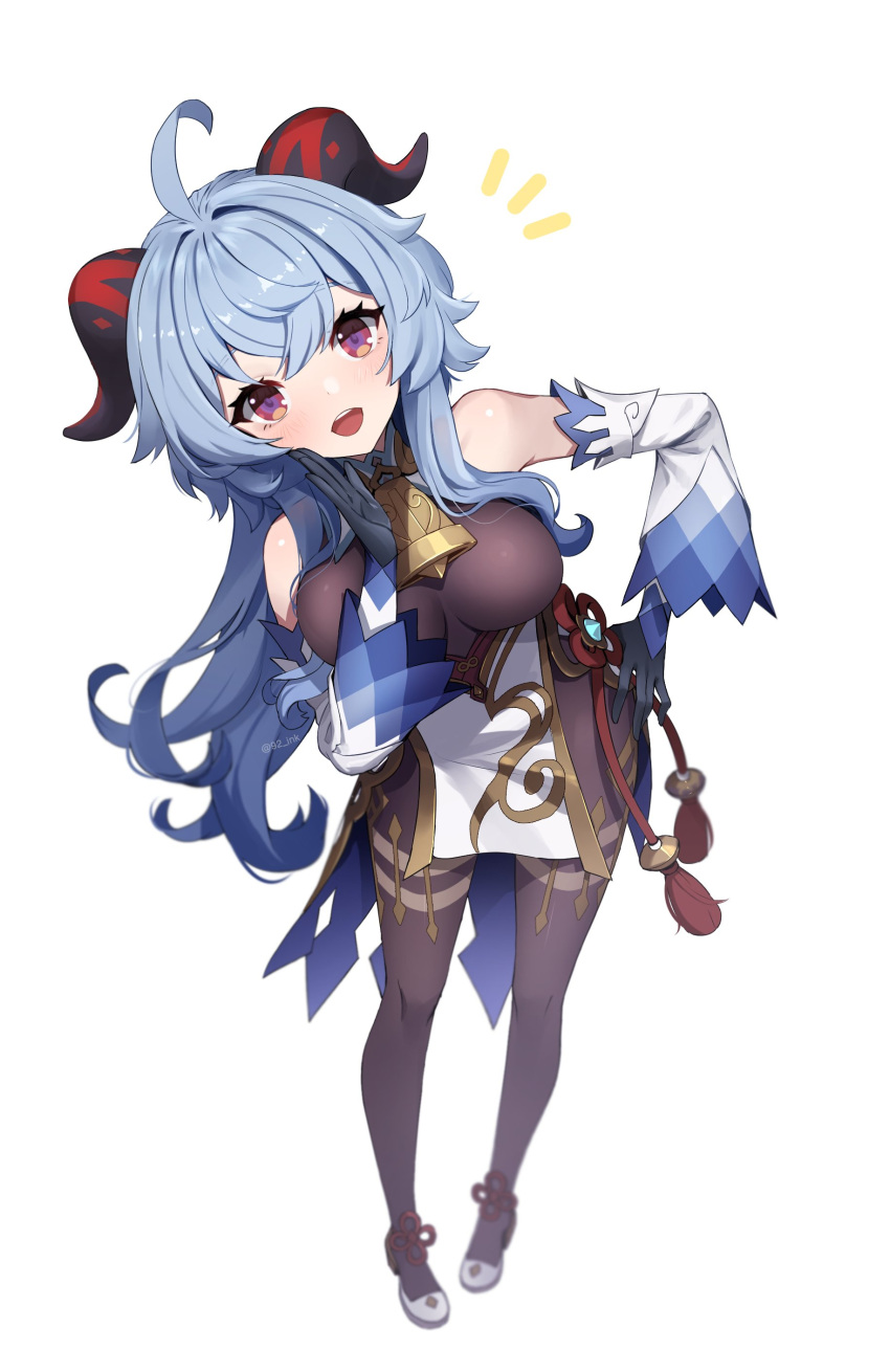 ^^^ absurdres ahoge ankkoyom bangs bare_shoulders bell black_gloves black_legwear blue_hair blush breasts chinese_knot detached_sleeves flower_knot full_body ganyu_(genshin_impact) genshin_impact gloves gold_trim hand_on_own_thigh high_heels highres horns long_hair looking_at_viewer medium_breasts multicolored_eyes neck_bell red_rope rope sidelocks smile solo standing tassel thighlet violet_eyes vision_(genshin_impact) waist_cape white_background white_sleeves