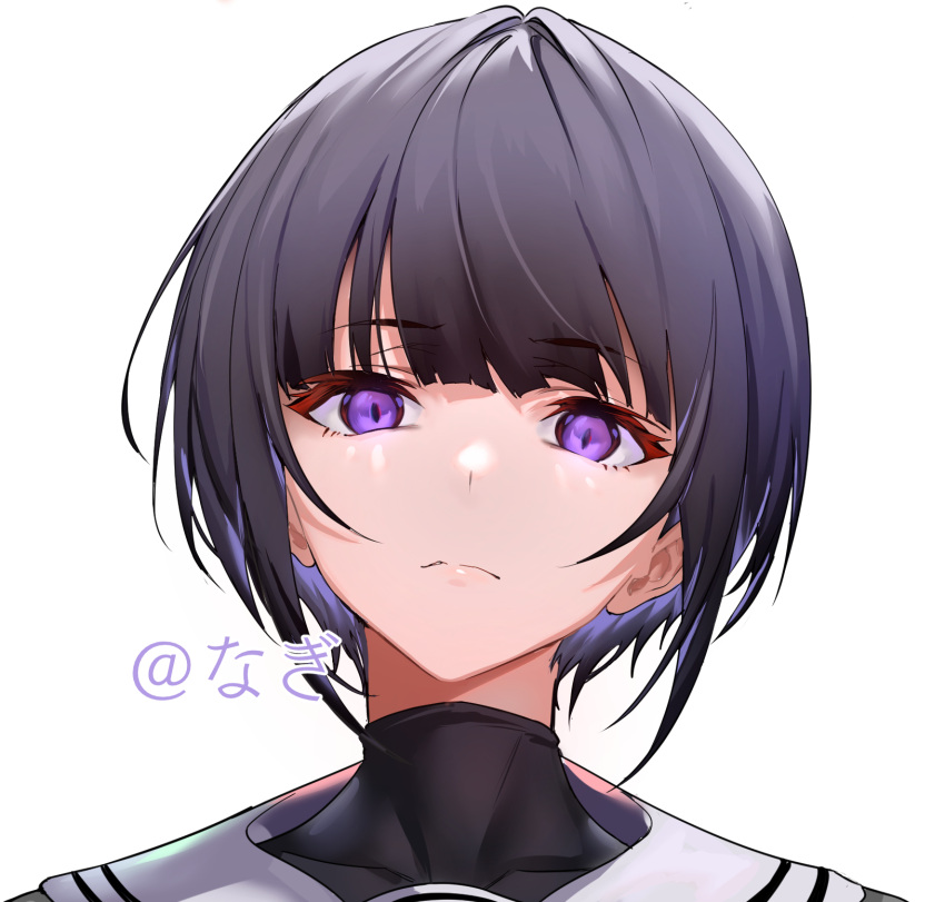 1girl black_bodysuit black_hair bodysuit closed_mouth colored_inner_hair copyright_request highres idolmaster looking_at_viewer multicolored_hair portrait sailor_collar scowl shirayuki_chiyo short_hair simple_background solo ulrich_(tagaragakuin) violet_eyes white_background white_sailor_collar