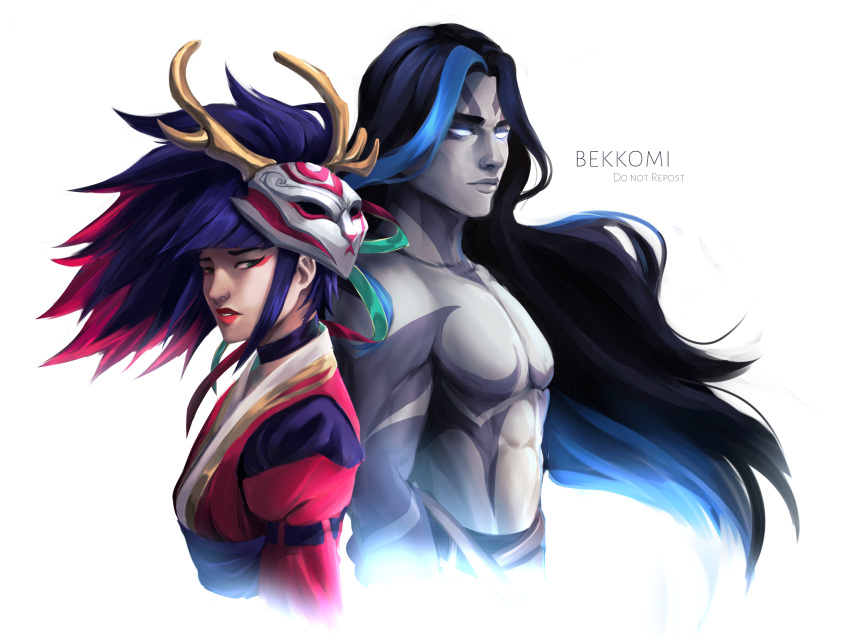 1boy 1girl akali arm_at_side artist_name bangs bekkomi black_choker black_hair blood_moon_akali blue_hair blunt_bangs choker closed_mouth collarbone commentary cropped_torso english_commentary from_side glowing glowing_eyes grey_background highres horned_mask japanese_clothes kayn_(league_of_legends) kimono league_of_legends long_hair looking_at_viewer mask mask_on_head official_alternate_costume parted_bangs parted_lips pink_hair pink_kimono red_eyes shadow_assassin_kayn simple_background smile teeth topless_male white_background