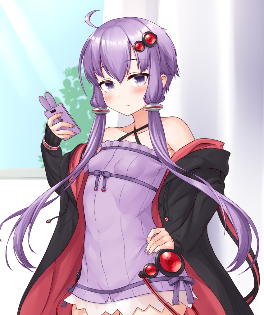 1girl ahoge breasts cellphone closed_mouth collarbone expressionless eyebrows_visible_through_hair hand_on_hip highres holding holding_phone long_hair long_sleeves looking_at_viewer low_twintails nail_polish phone small_breasts smartphone solo tenneko_yuuri twintails violet_eyes voiceroid yuzuki_yukari