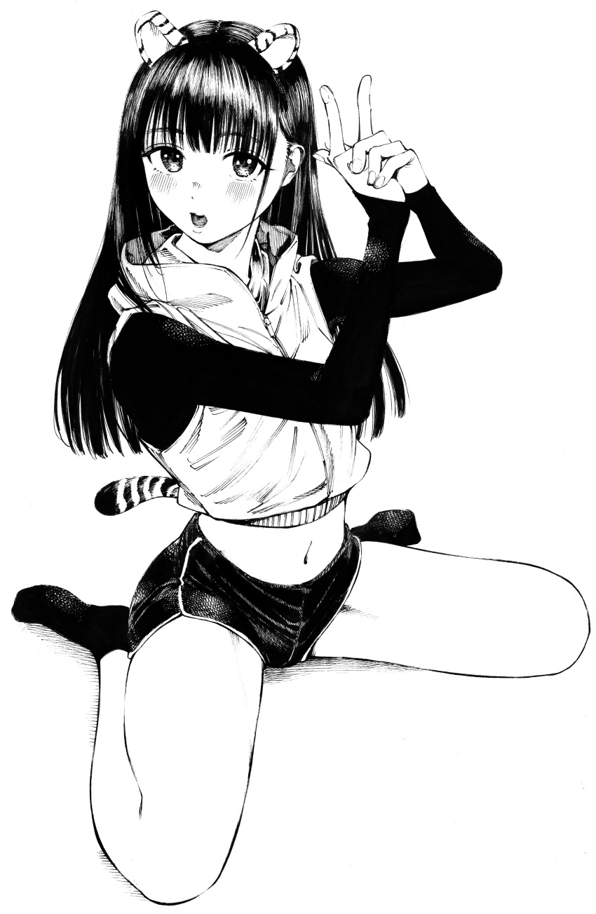 absurdres animal_ears bangs bare_legs blunt_bangs blush cropped_jacket finger_gun full_body gagaimo hands_up high_contrast highres jacket long_hair long_sleeves looking_at_viewer midriff monochrome navel nib_pen_(medium) open_mouth original own_hands_together shirt short_shorts shorts simple_background sitting sleeveless sleeveless_jacket socks spread_legs straight_hair tail tiger_ears tiger_tail traditional_media wariza