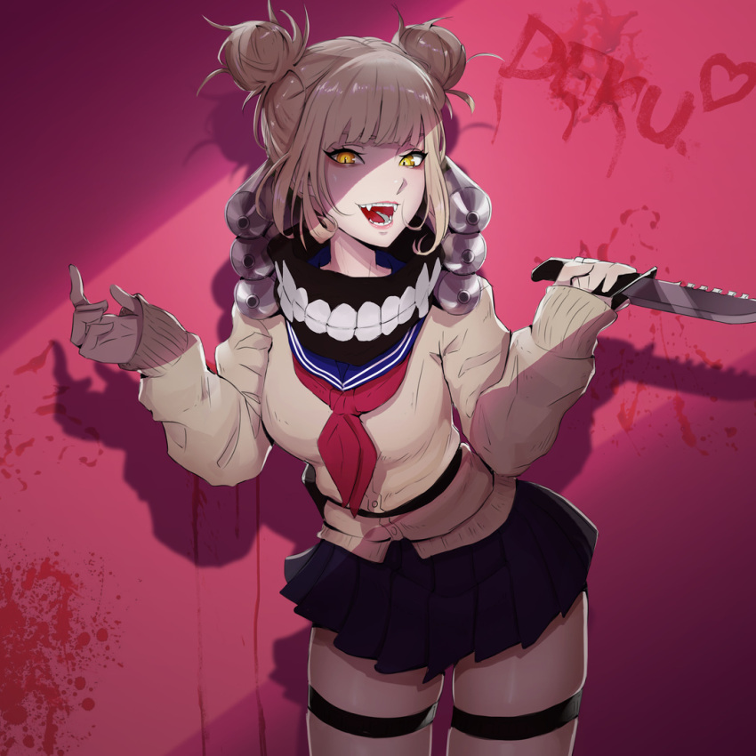 1girl bandana bangs belt belt_pouch black_bandana black_legwear black_skirt blonde_hair blood blood_on_wall blood_splatter blue_sailor_collar blunt_bangs boku_no_hero_academia breasts canister cardigan character_name combat_knife commentary cowboy_shot double_bun eyelashes fangs hair_up heart holding holding_knife inhoso knife lips looking_at_viewer medium_breasts messy_hair neckerchief open_mouth pouch red_background red_neckerchief sailor_collar school_uniform serafuku shaded_face shadow sidelocks skindentation skirt sleeves_past_wrists slit_pupils smile solo teeth thigh-highs toga_himiko w_arms weapon yellow_cardigan yellow_eyes zettai_ryouiki