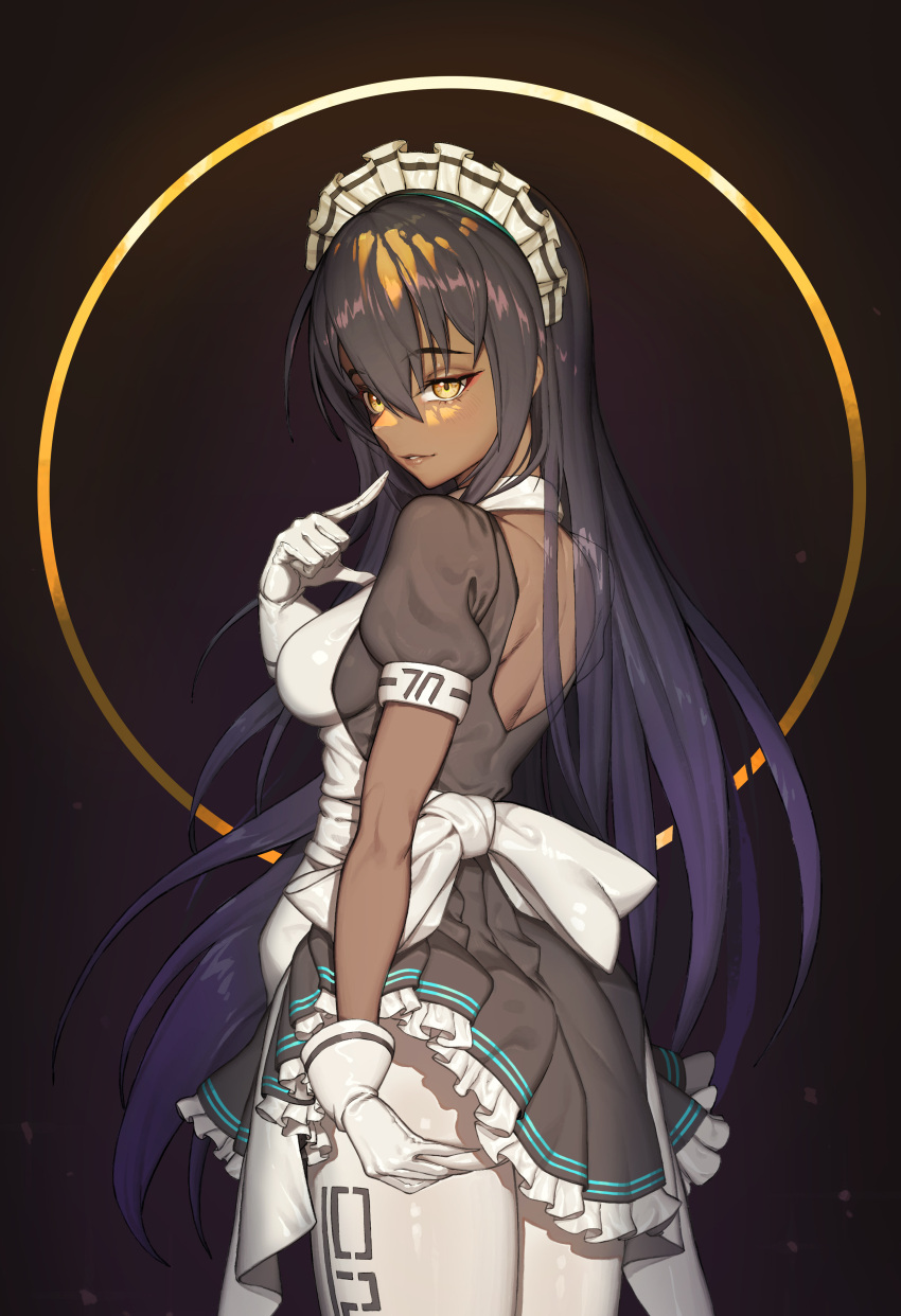 1girl absurdres apron backless_dress backless_outfit bangs black_dress black_hair blue_archive breasts dark-skinned_female dark_skin dress gloves hellk111 highres karin_(blue_archive) lips long_hair looking_at_viewer looking_back maid maid_apron maid_headdress open_mouth pants short_sleeves sideboob solo white_apron white_gloves white_pants yellow_eyes