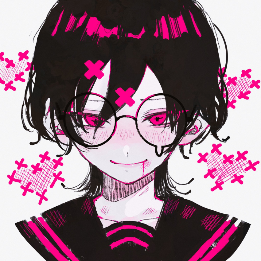 +_+ 1girl bangs black_hair blood blush bruise closed_mouth commentary glasses hair_between_eyes highres injury looking_at_viewer original pink_eyes pink_theme portrait sailor_collar short_hair sidelocks sion001250 smile solo symbol-only_commentary