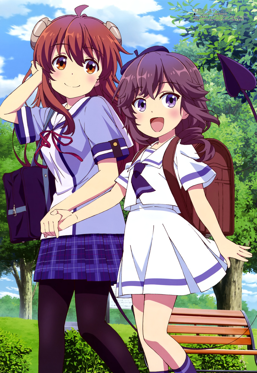 2girls absurdres backpack bag bangs bench black_hair blue_shirt blue_skirt blue_sky brown_eyes brown_hair bush closed_mouth clouds day demon_girl demon_horns demon_tail eyebrows_visible_through_hair grass hair_between_eyes hand_in_hair highres holding_hands horns looking_at_viewer machikado_mazoku megami_magazine multiple_girls official_art open_mouth outdoors pantyhose park park_bench plaid plaid_skirt pleated_skirt randoseru redhead sailor_collar satou_takamitsu scan school_bag school_uniform serafuku shirt siblings sisters skirt sky smile tail tree violet_eyes white_sailor_collar white_shirt white_skirt yoshida_ryouko yoshida_yuuko_(machikado_mazoku)