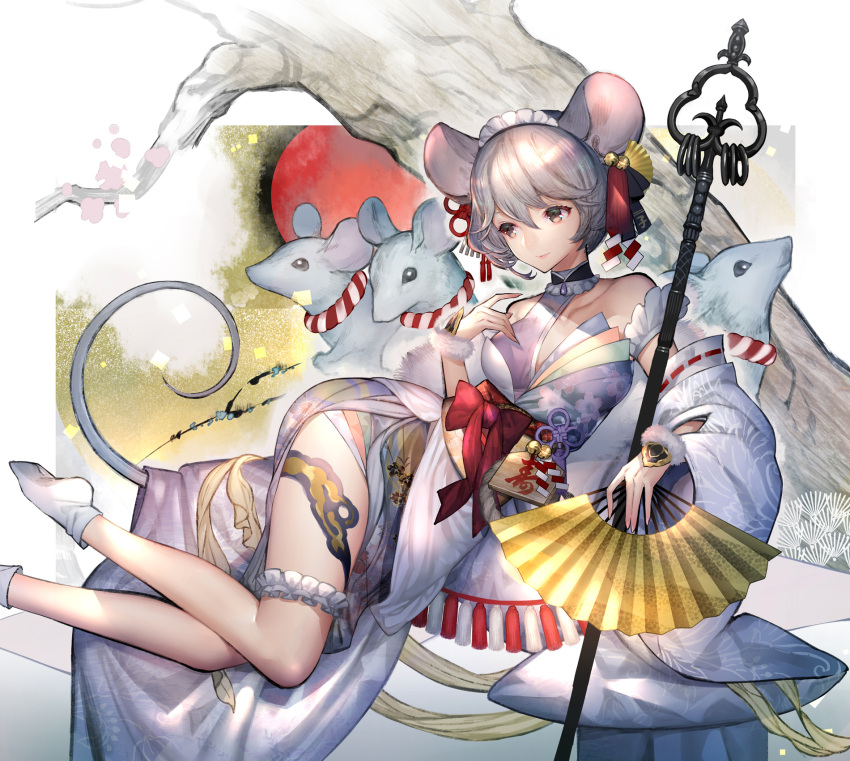 1girl animal_ears bangs bow brown_eyes detached_sleeves ear_ornament hand_fan hand_up happy_new_year highres hitowa holding holding_fan japanese_clothes leg_garter lying maid_headdress mouse_ears mouse_girl mouse_tail new_year on_side original rat rope shimenawa short_hair silver_hair socks solo tabi tail