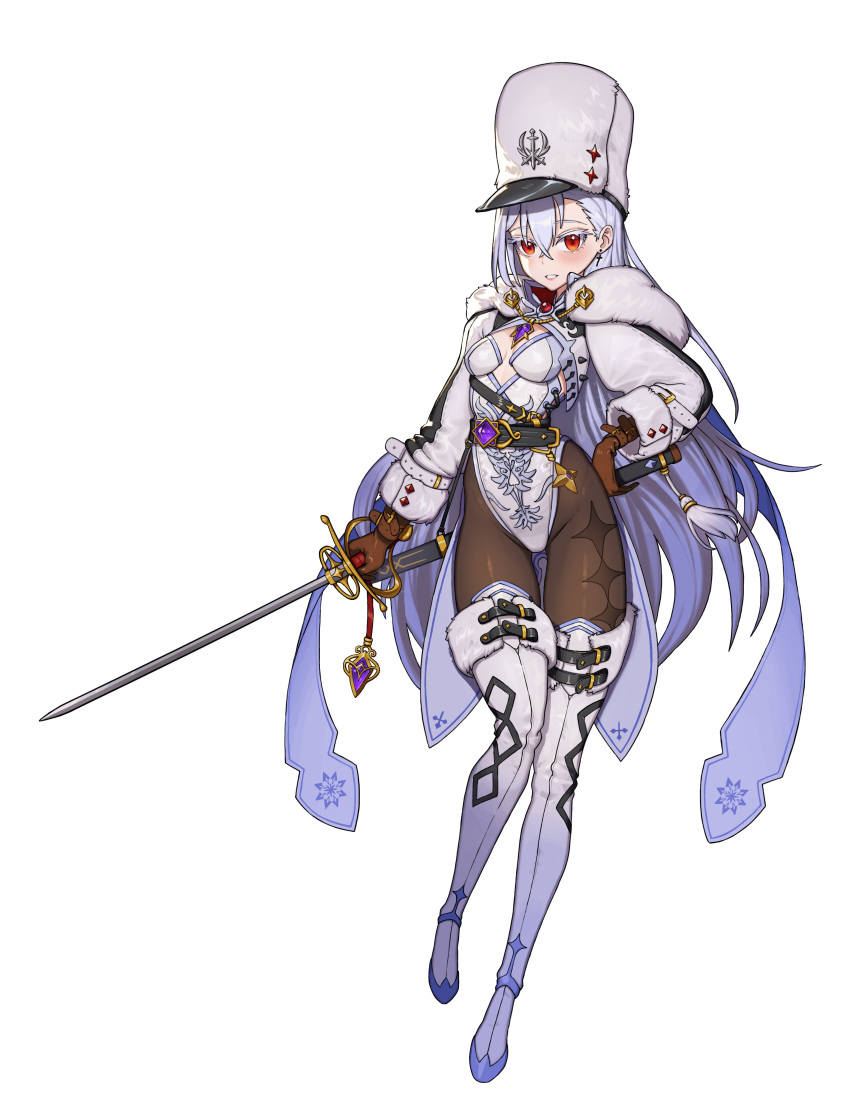 1girl absurdres bangs boots breasts brooch full_body fur_trim hand_on_hip hat hellk111 highres holding holding_sword holding_weapon jewelry leotard long_hair open_mouth original pantyhose red_eyes silver_hair simple_background small_breasts solo sword thigh-highs thigh_boots weapon white_background
