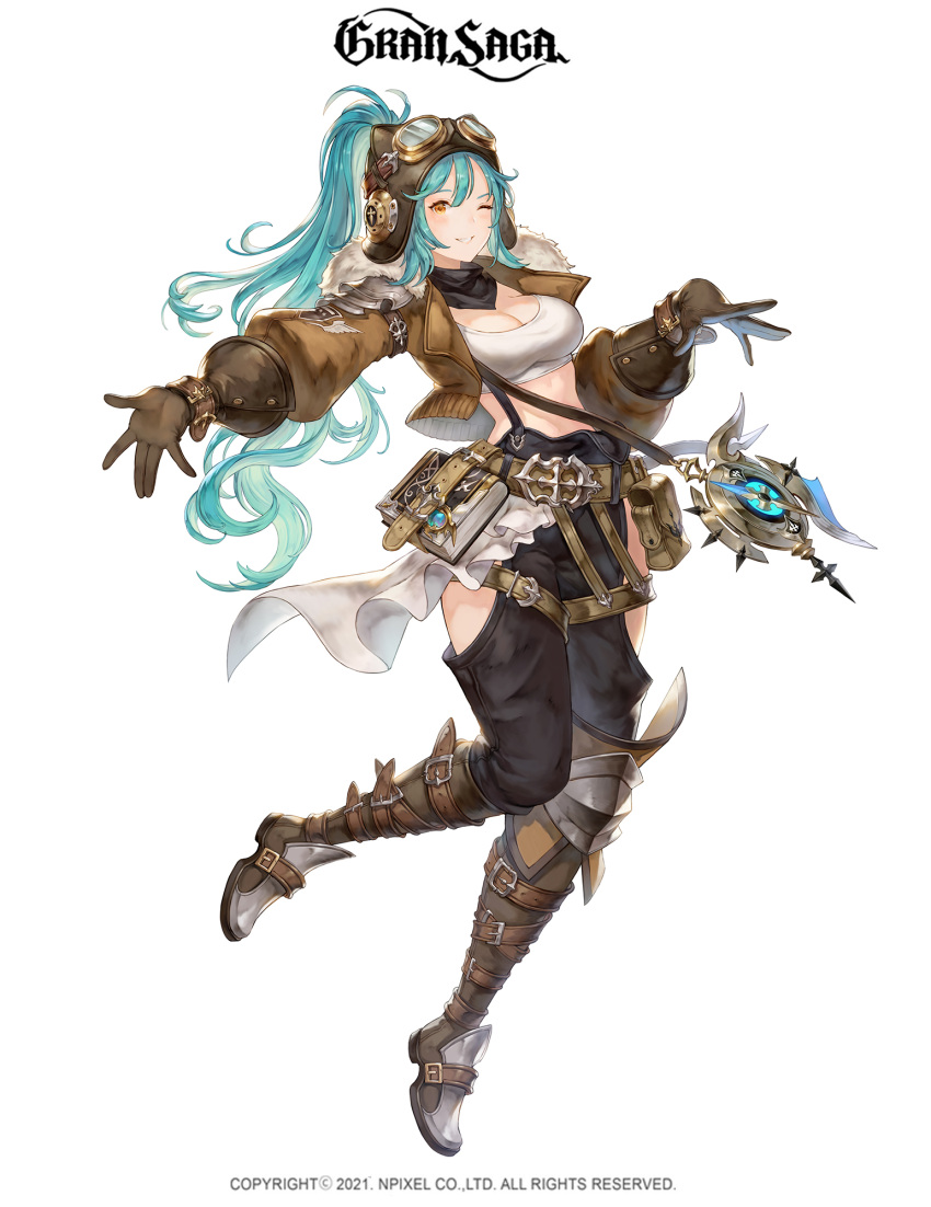 1girl aqua_hair armor belt book character_request company_name copyright copyright_name crop_top full_body fur_trim gran_saga highres hip_vent jacket long_hair minj_kim official_art open_clothes open_jacket orange_eyes pants ponytail side_cutout simple_background solo tagme white_background