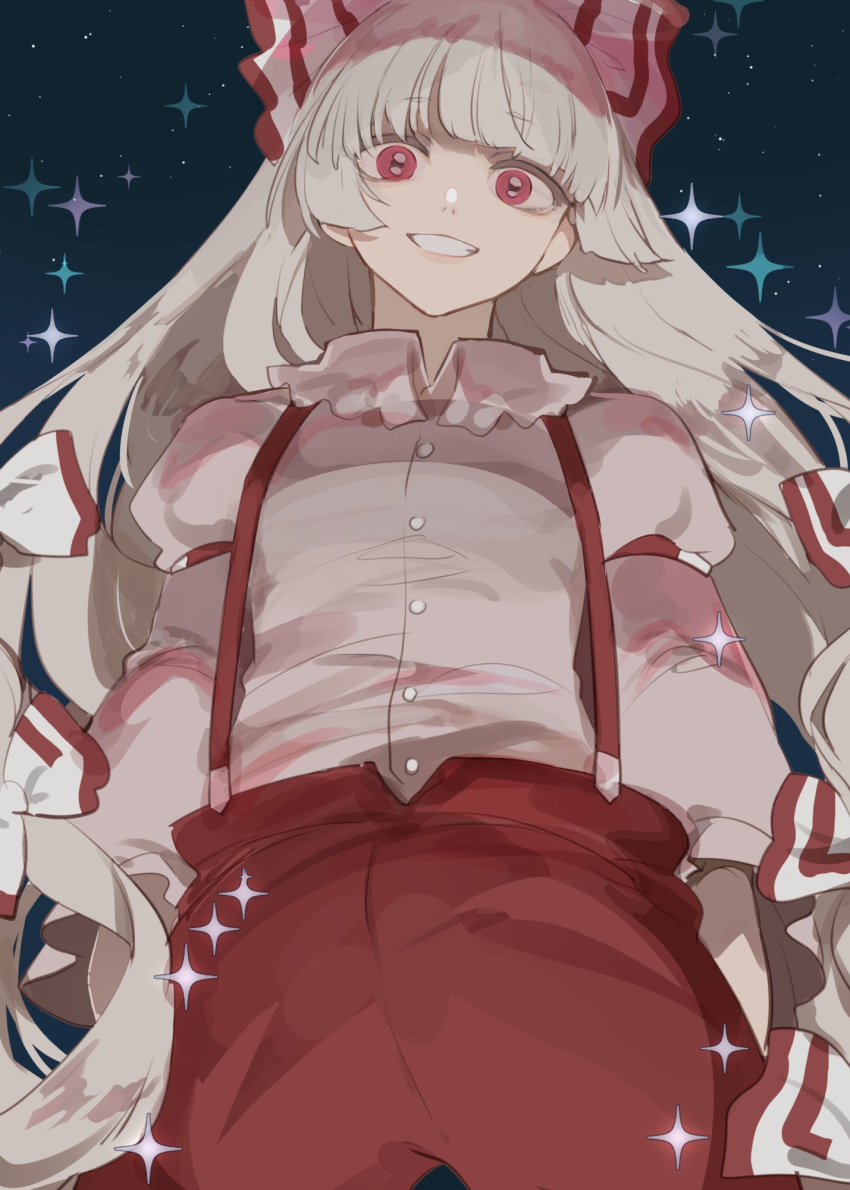 1girl baggy_pants bangs buttons collared_shirt commentary damaged eyelashes frilled_shirt_collar frills from_below fujiwara_no_mokou grin highres hime_cut kerok_(joniko1110) long_hair long_sleeves looking_down ofuda open_mouth pants red_eyes red_pants shirt sidelocks silver_hair sky smile smoke solo sparkle standing suspenders teeth touhou two-tone_bow very_long_hair white_shirt