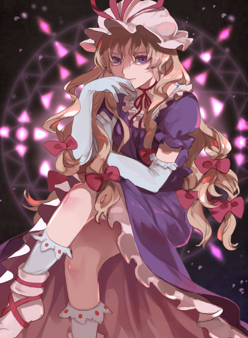 1girl bangs blonde_hair dress elbow_gloves frilled_dress frills gap_(touhou) gloves hat hat_ribbon highres invisible_chair kerok_(joniko1110) long_hair looking_at_viewer magic_circle one-hour_drawing_challenge puffy_short_sleeves puffy_sleeves purple_dress red_ribbon ribbon short_sleeves sitting smile socks solo thinking touhou violet_eyes white_gloves white_legwear yakumo_yukari